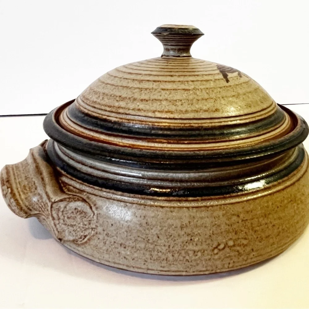 Studio Art Pottery Casserole Dish Lidded Stoneware Handles Handcrafted Signed